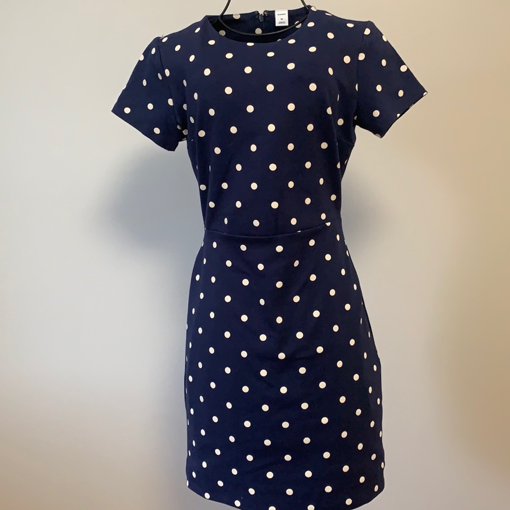 Navy and white polka dot dress